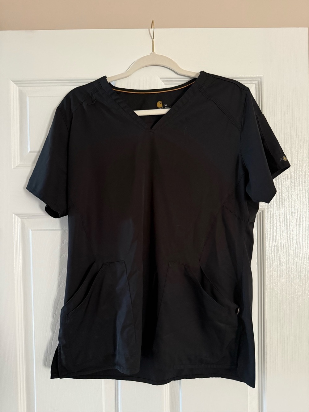 Carhartt Black V-Neck Scrub Top with Gold Trim Vented Back Medium